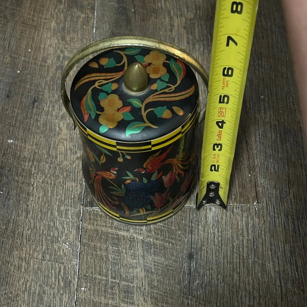Vintage Murray-Allen Regal Crown‎ Pheasant Floral Metal Tin with Handle Black